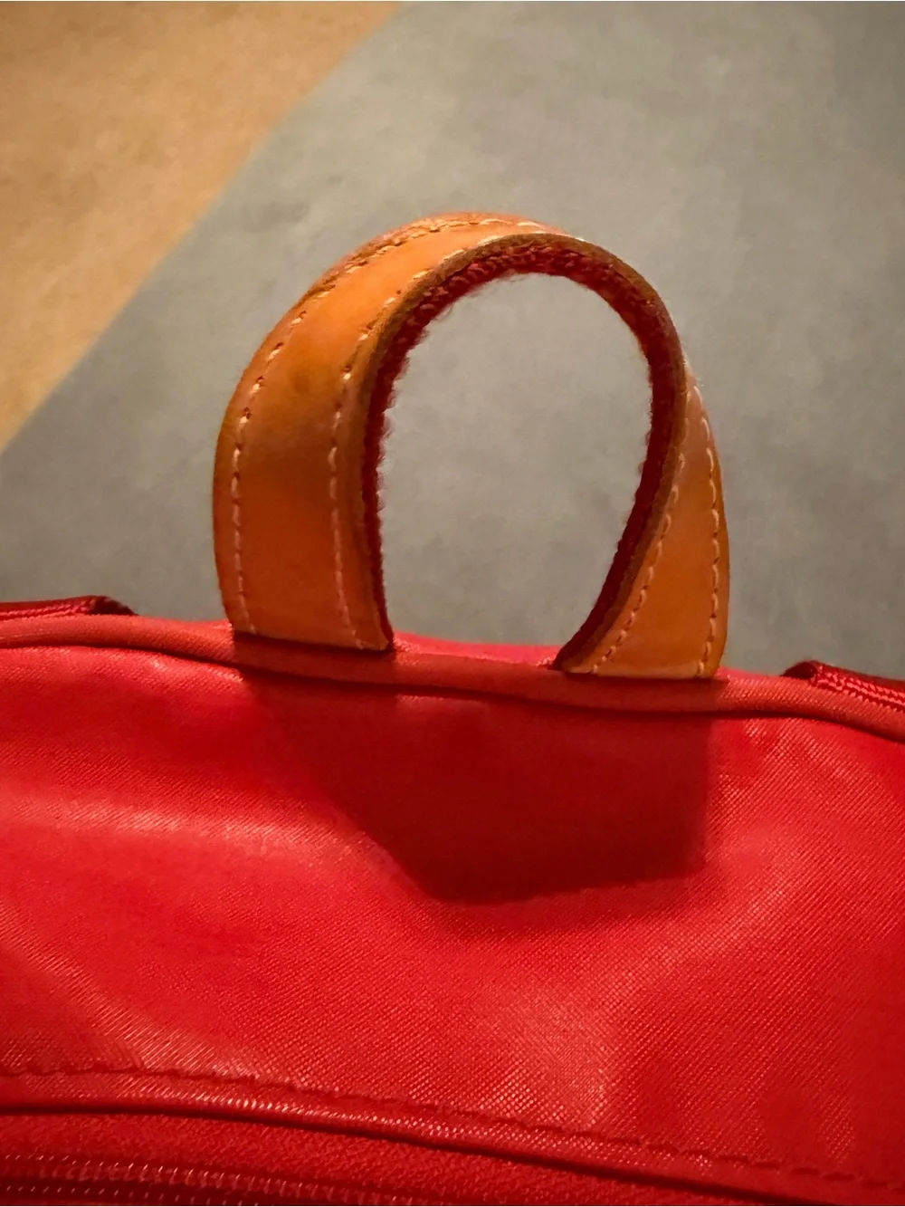 USED JON HART Red Nylon Backpack with Tan Leather Trim